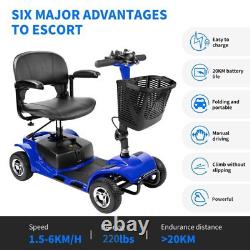 Scooter de mobilité à 4 roues bleu pour personnes âgées, fauteuil roulant électrique pliable.