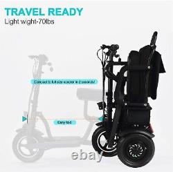 Tricycle électrique pliable pour la mobilité avec double moteur lithium 36v 600w noir, dimensions 39x20x33 pouces.