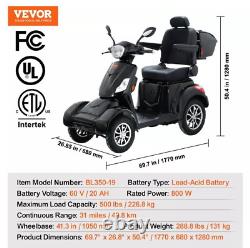 VEVOR Scooters de mobilité 4 roues Heavy Duty 31 Miles 3-Speed 800W Capacité de 500lbs